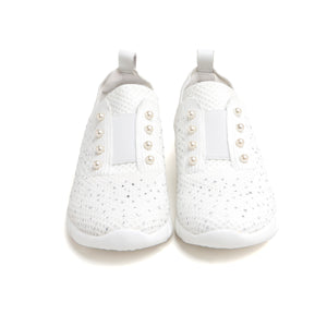 White Knit Pearl and Crystal Slip On Sneakers