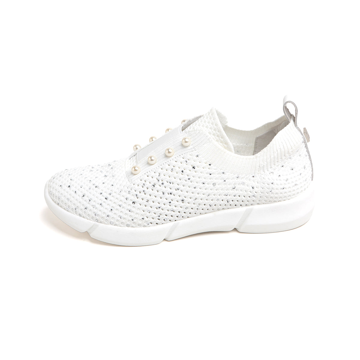 White Knit Pearl and Crystal Slip On Sneakers