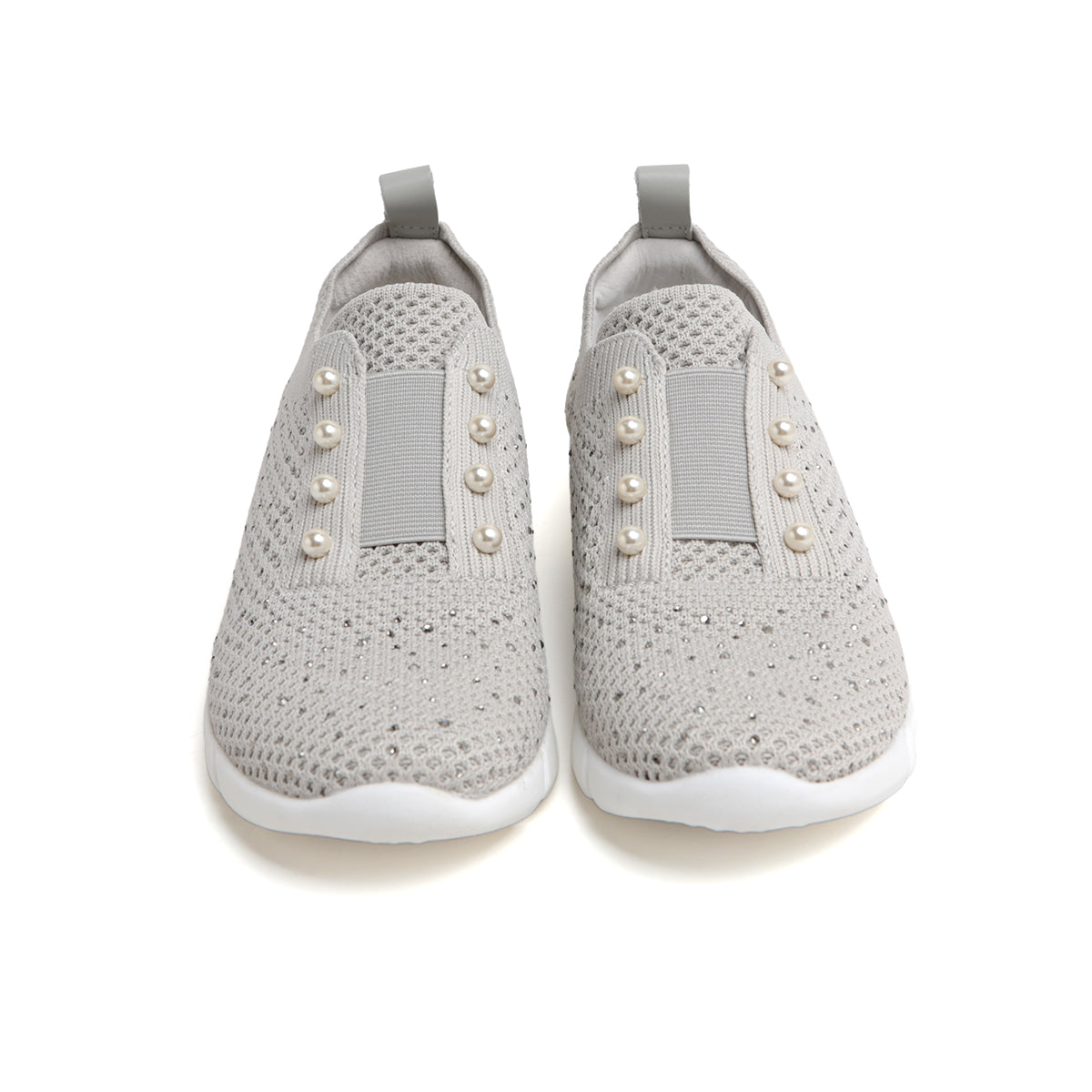 Grey Knit Pearl and Crystal Slip On Sneakers