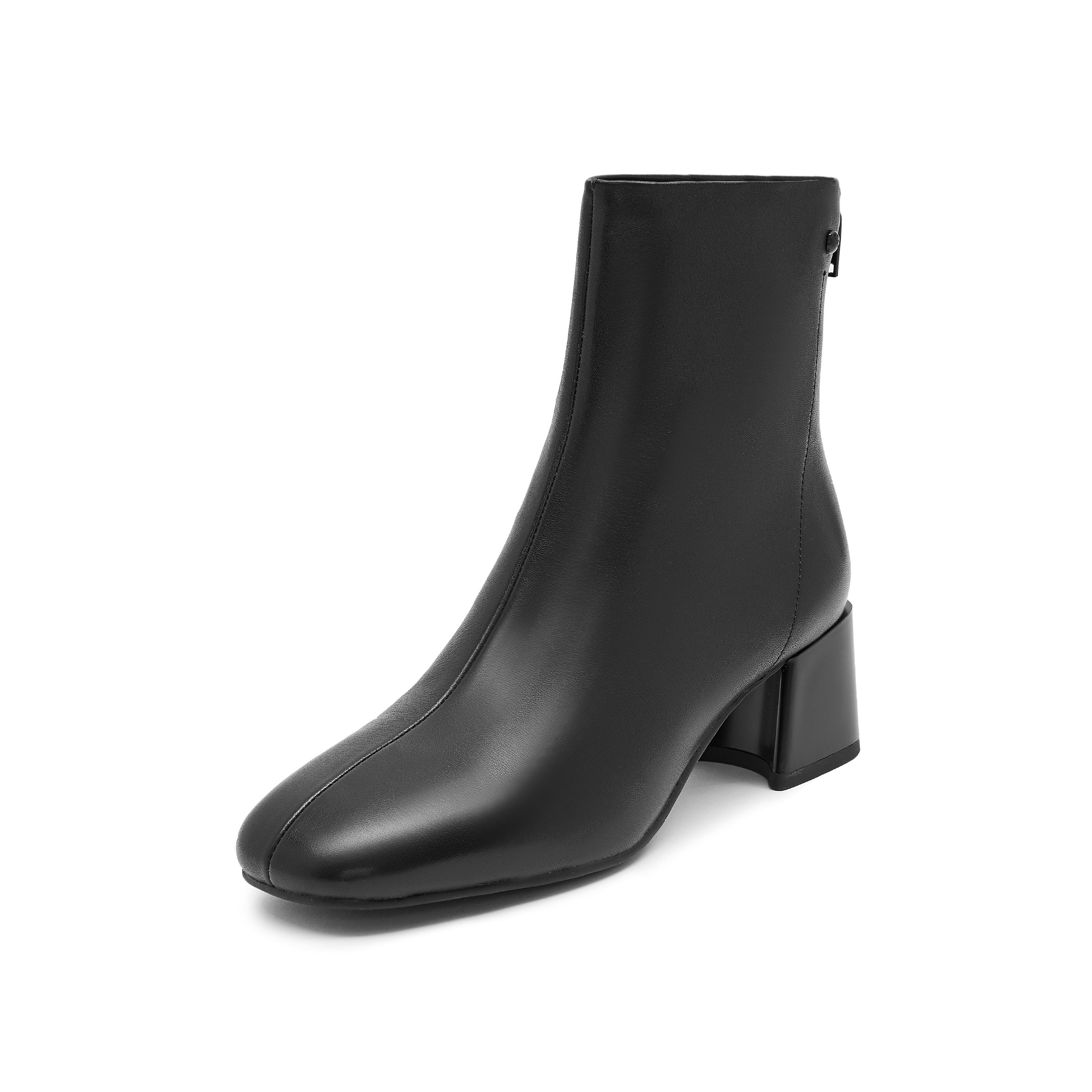 Black Round Toe Leather Ankle Boots