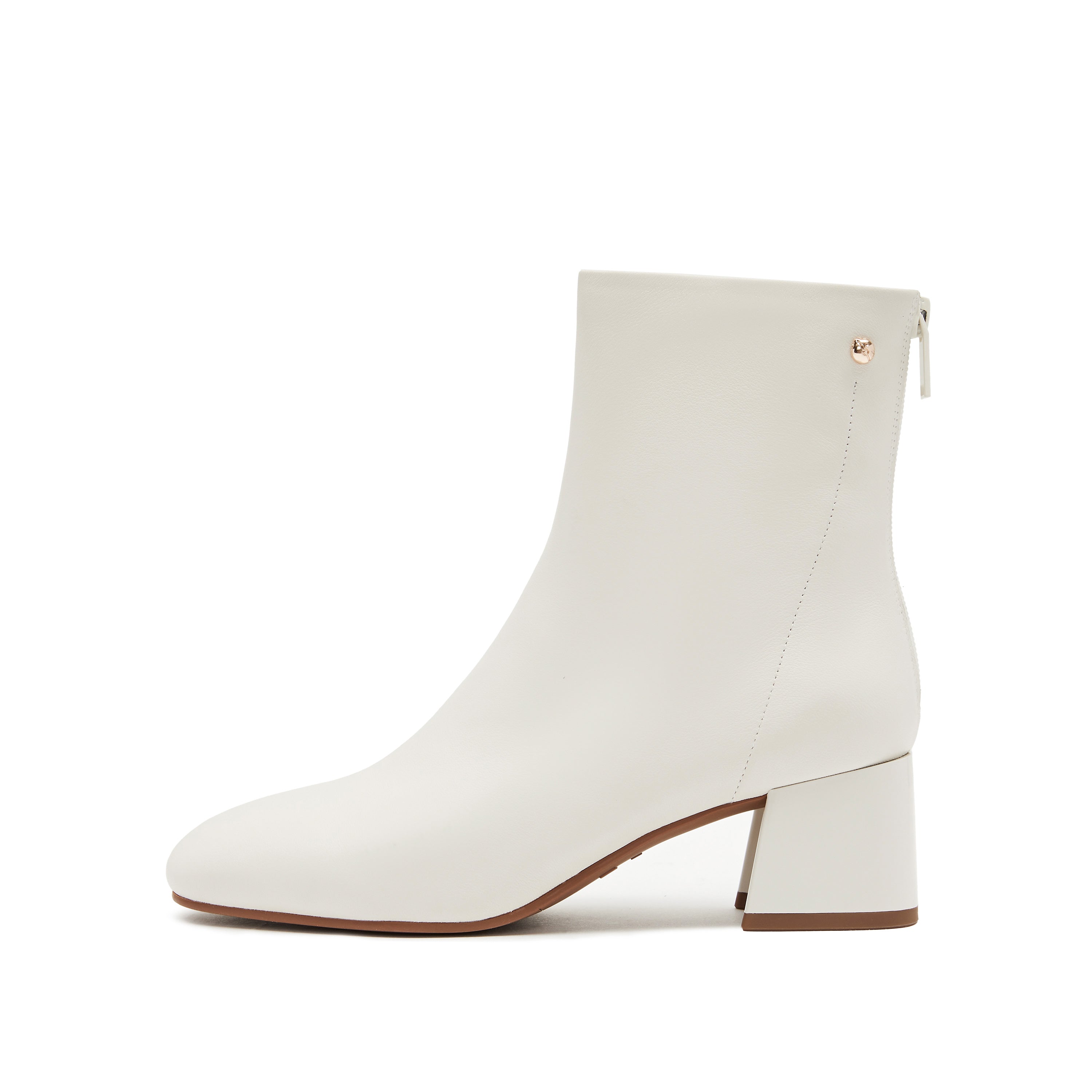 Beige Round Toe Leather Ankle Boots