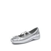 Silver Bow Cross Strap Ballerina Flats