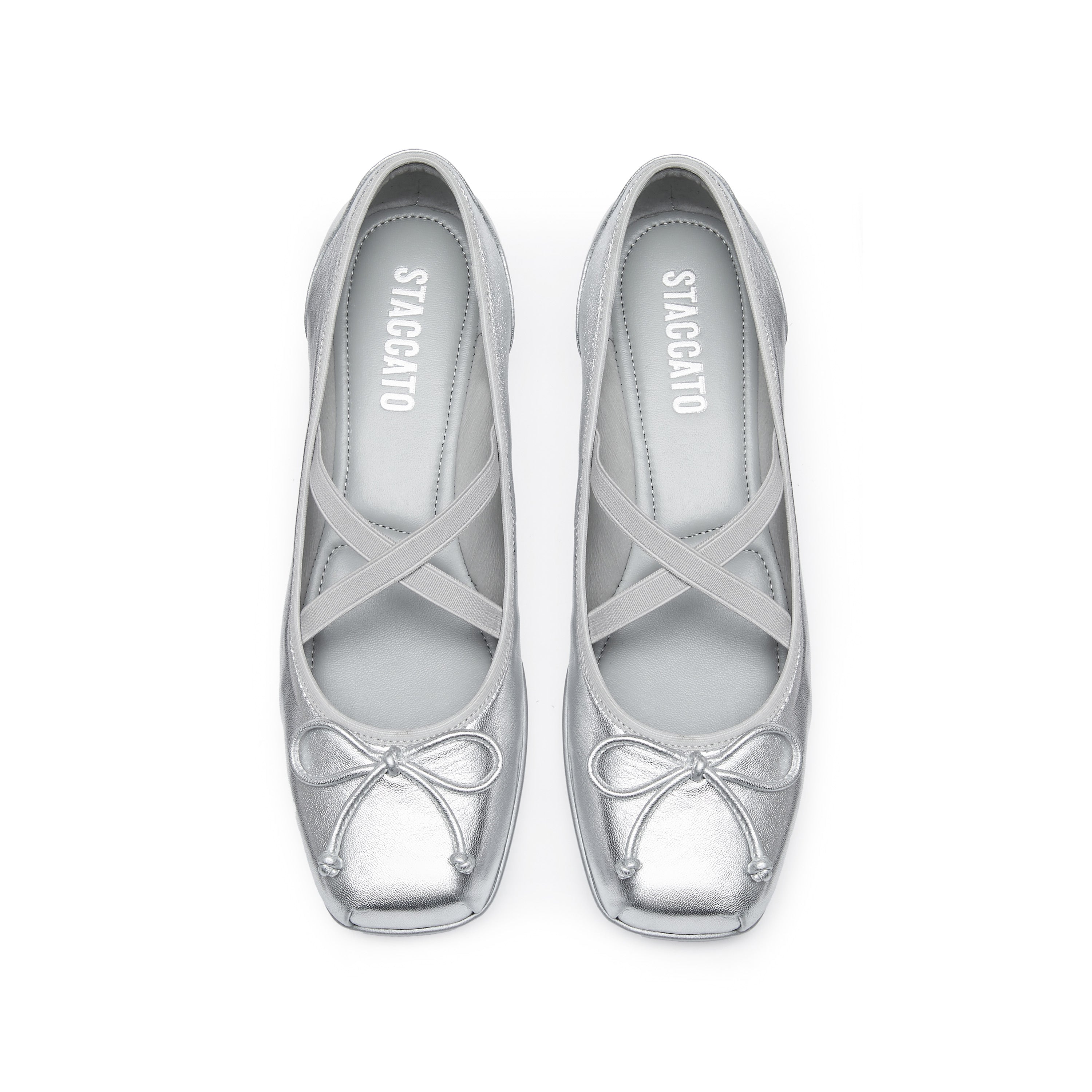 Silver Bow Cross Strap Ballerina Flats