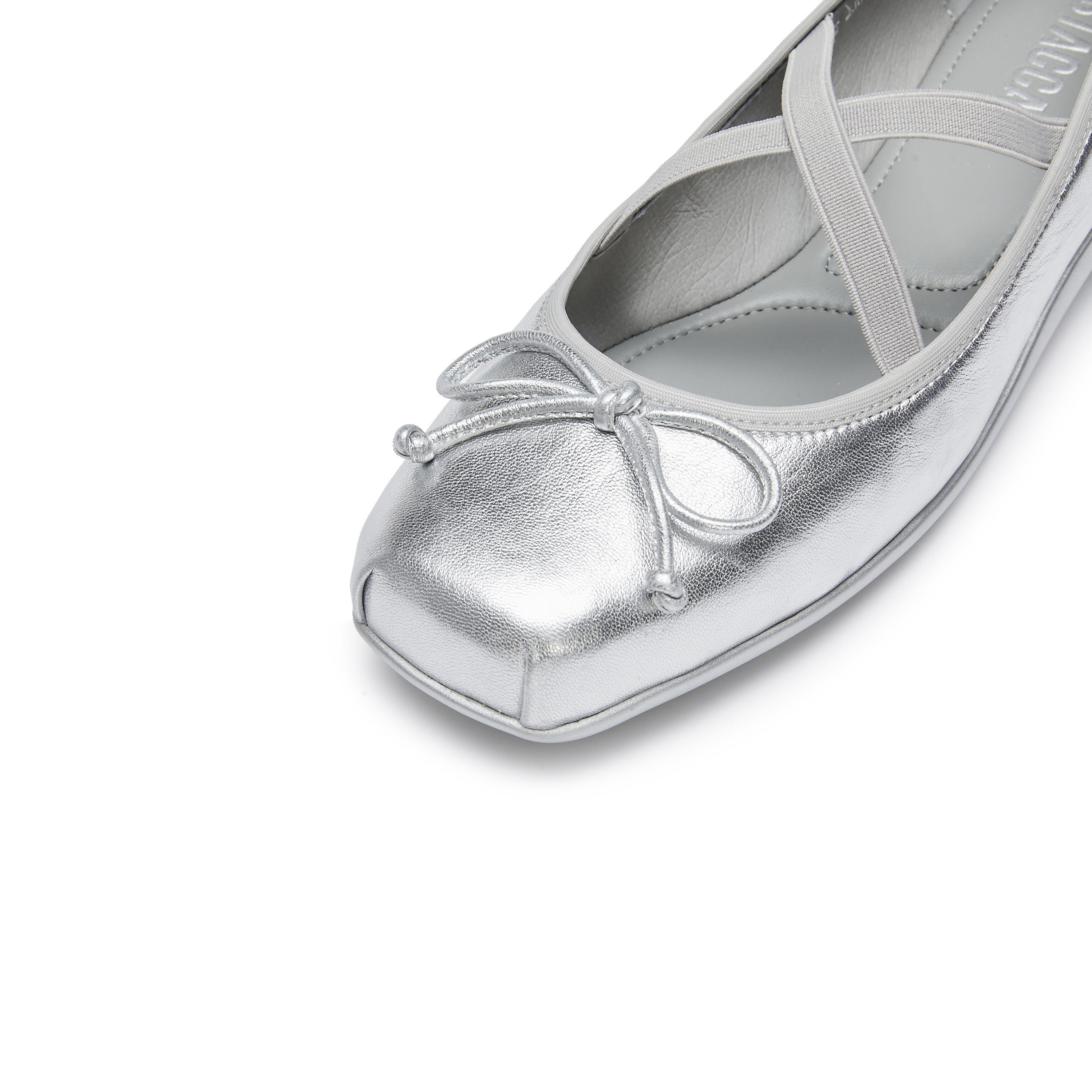 Silver Bow Cross Strap Ballerina Flats
