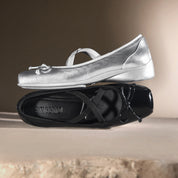 Silver Bow Cross Strap Ballerina Flats