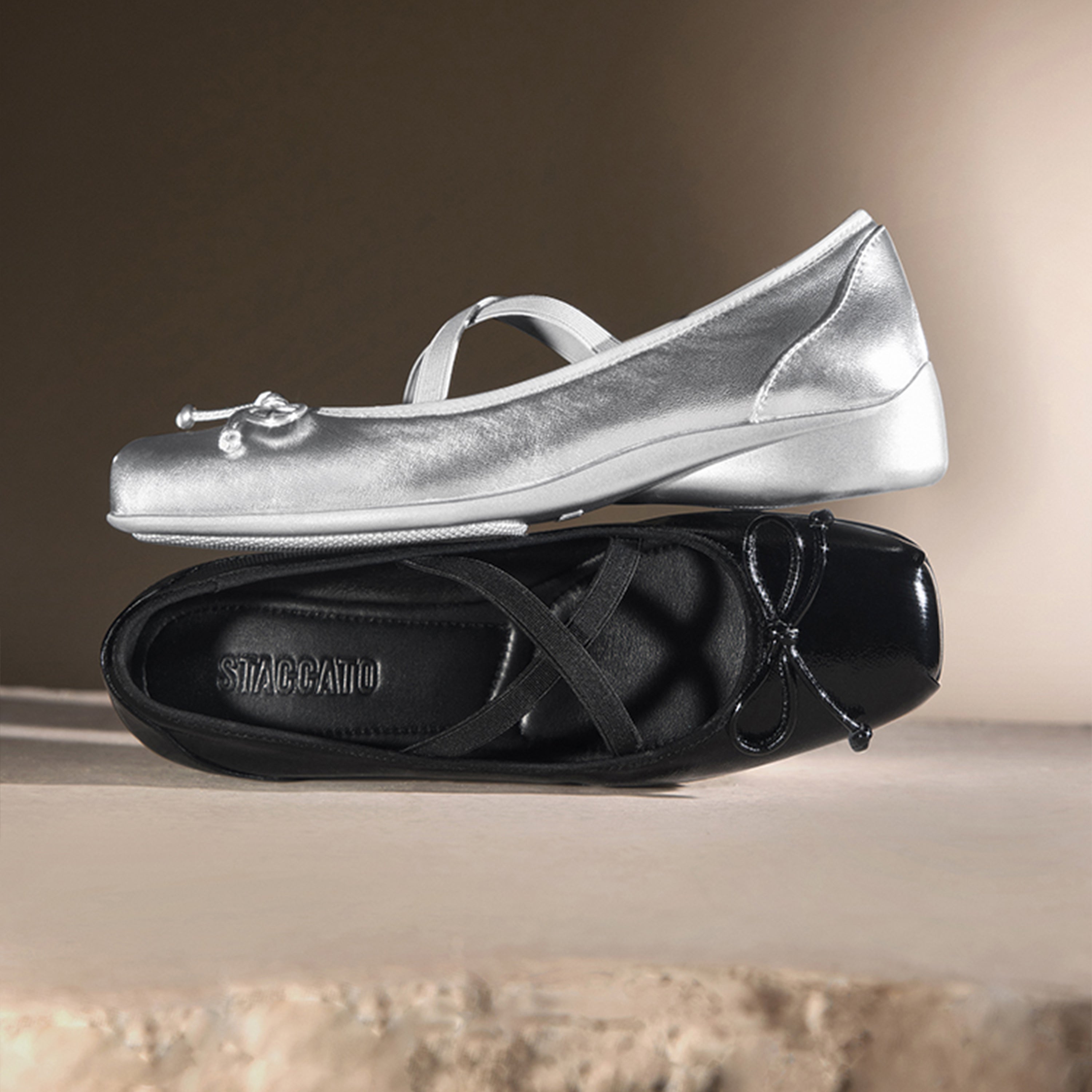 Silver Bow Cross Strap Ballerina Flats