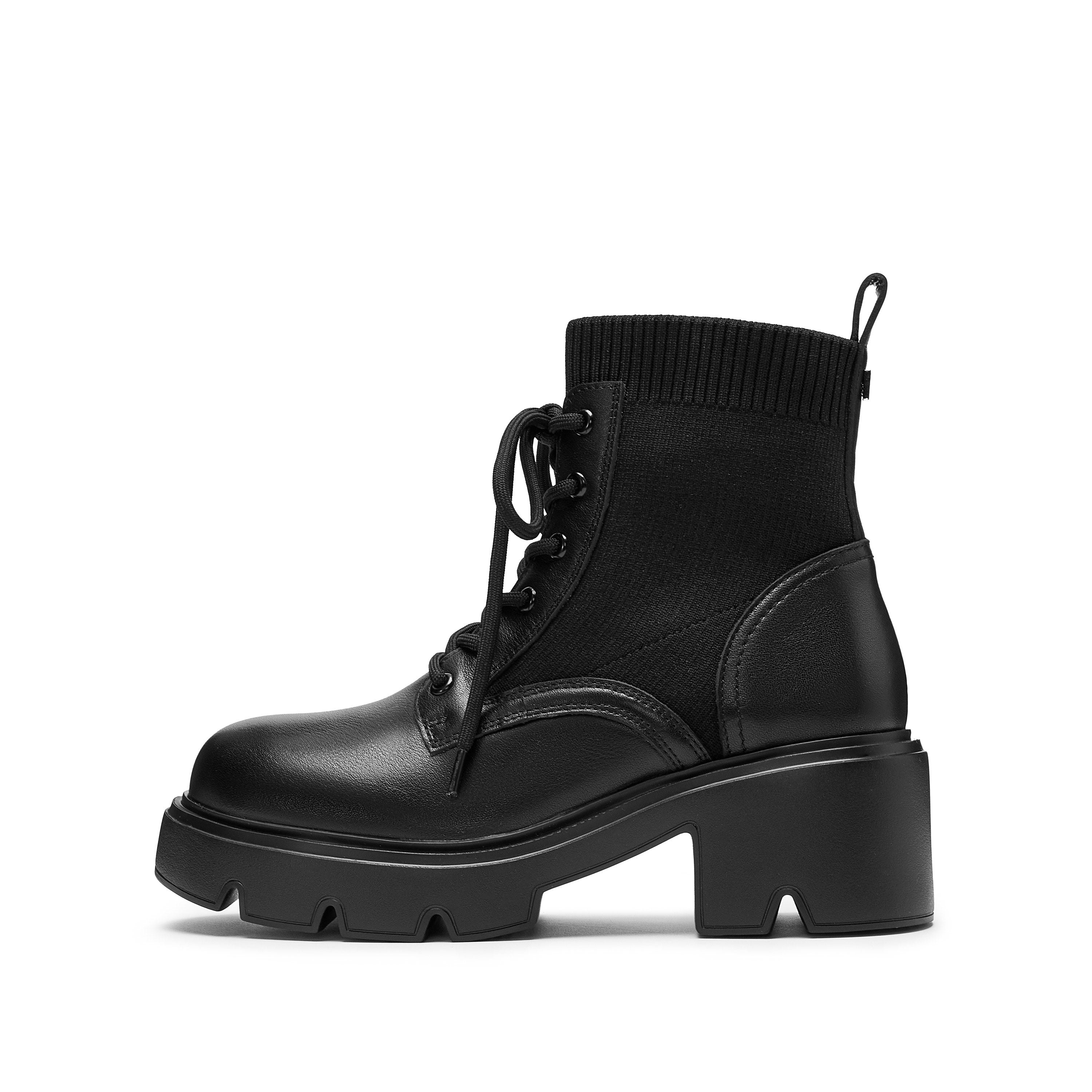 Black Lace-Up Knitted Platform Combat Boots