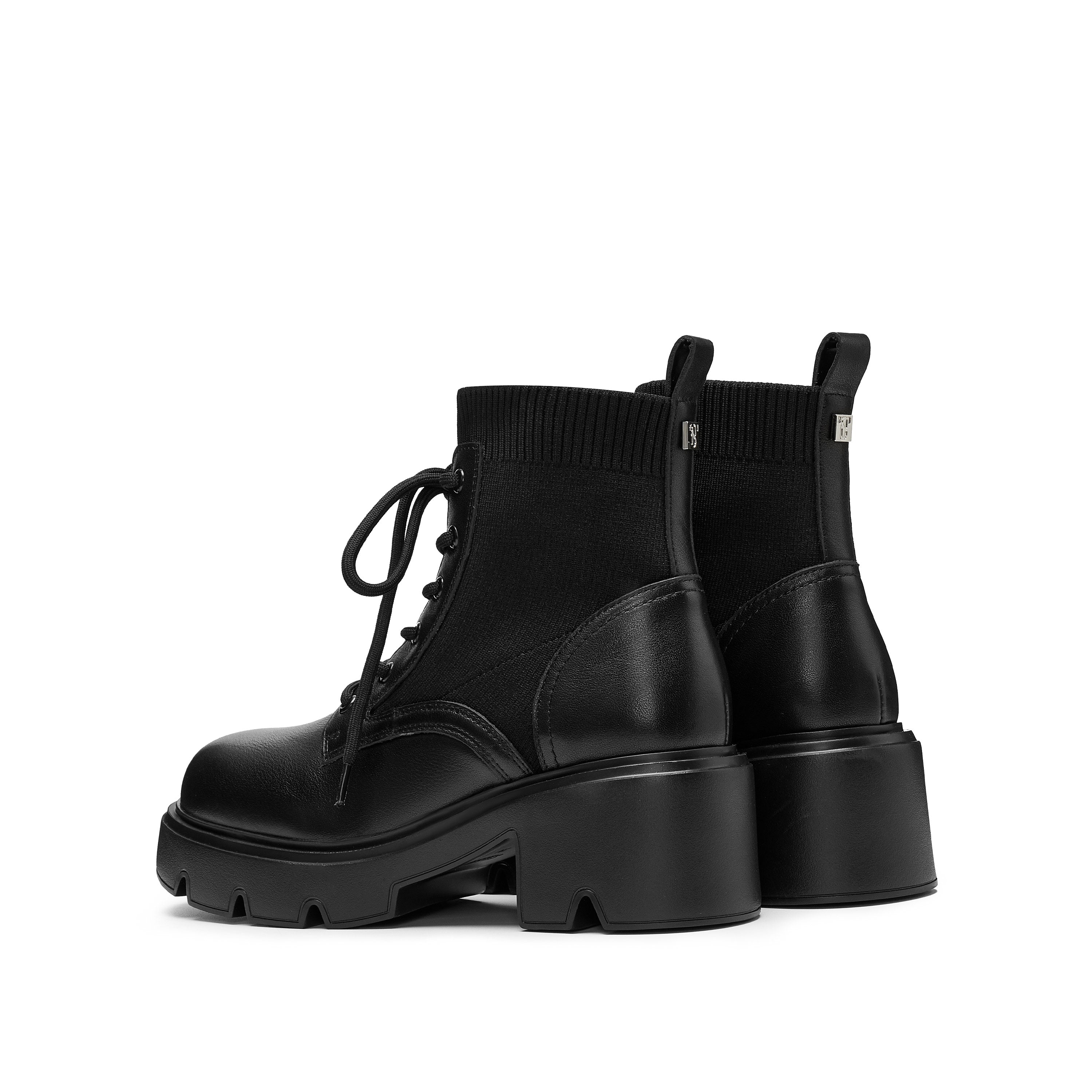 Black Lace-Up Knitted Platform Combat Boots
