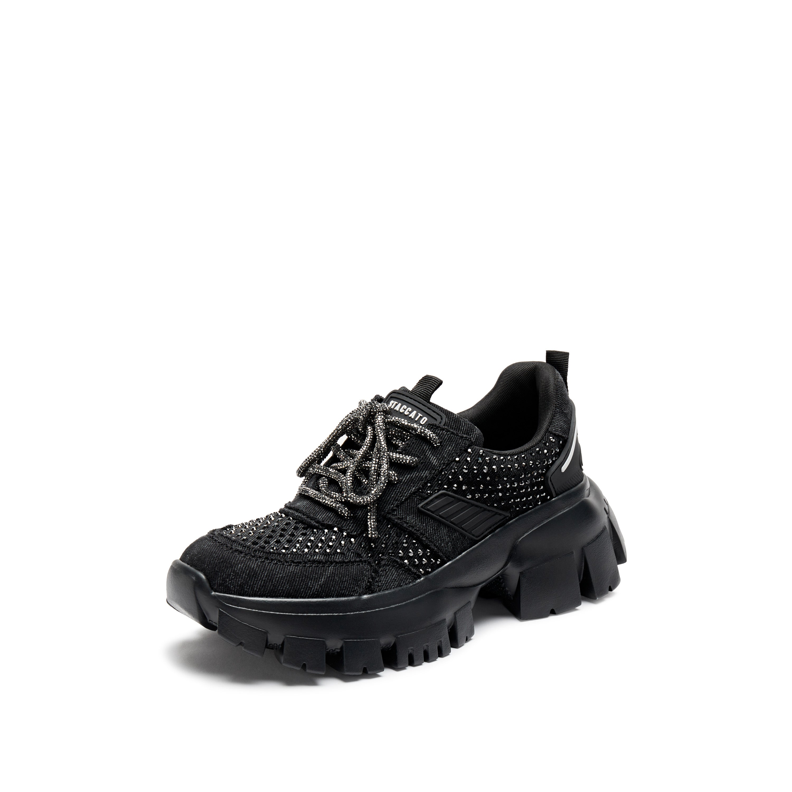 Black Washed Denim Crystal Chunky Sneakers