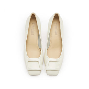 Beige Square Buckle Leather Pumps