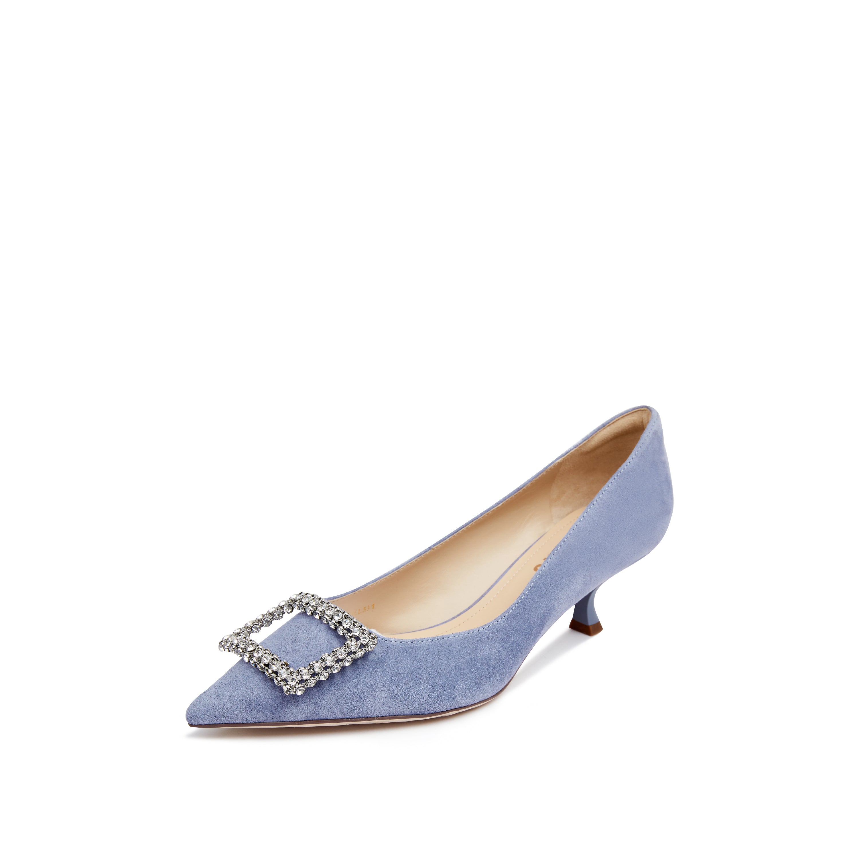 Blue Crystal Buckle Suede Pointy Pumps