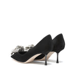 Load image into Gallery viewer, Black Suede Crystal Rose Pointy Pumps
