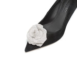 Load image into Gallery viewer, Black Suede Crystal Rose Pointy Pumps
