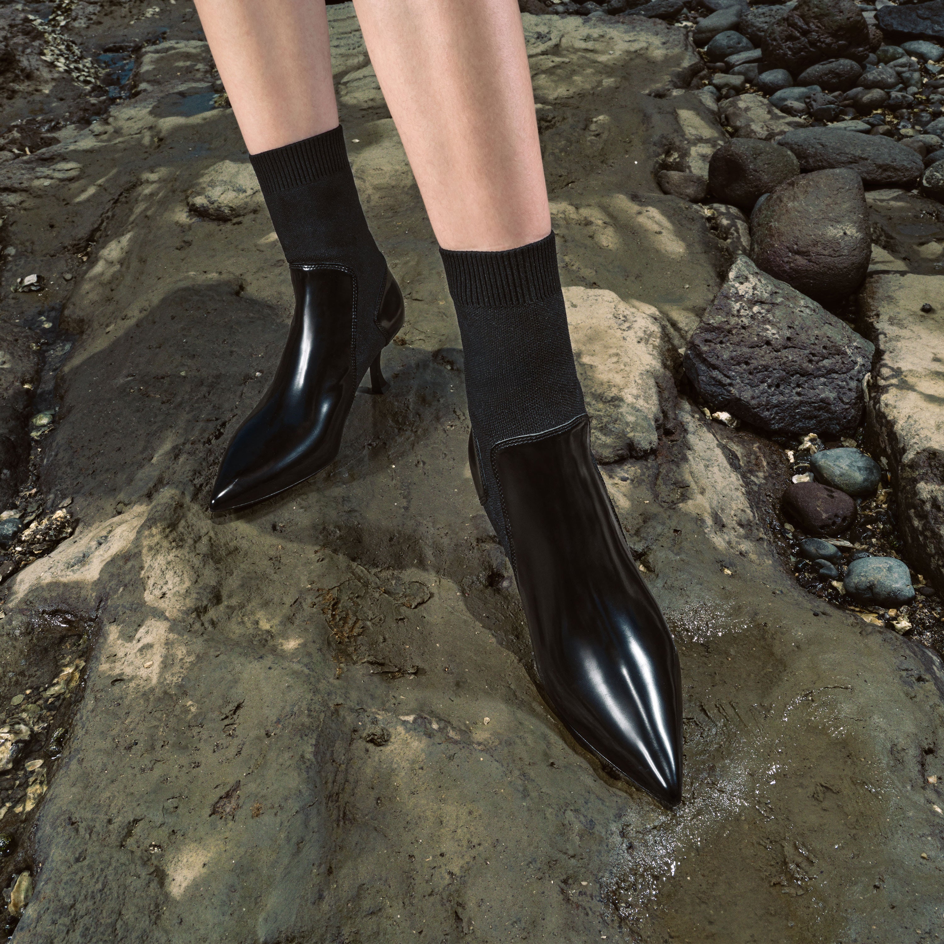 Black Floral Pattern Sock Boots