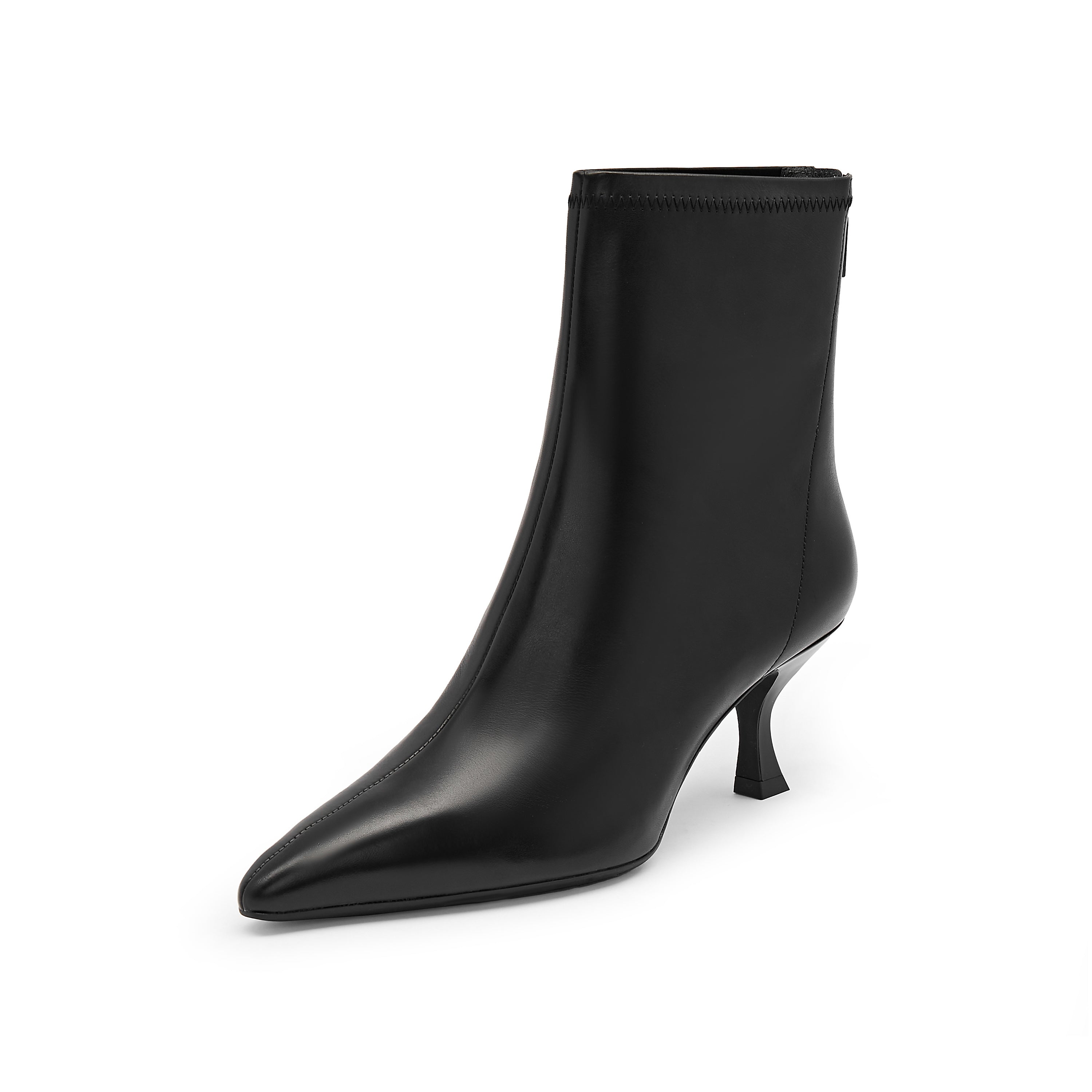 Black Waxy Pointy Heeled Ankle Boots