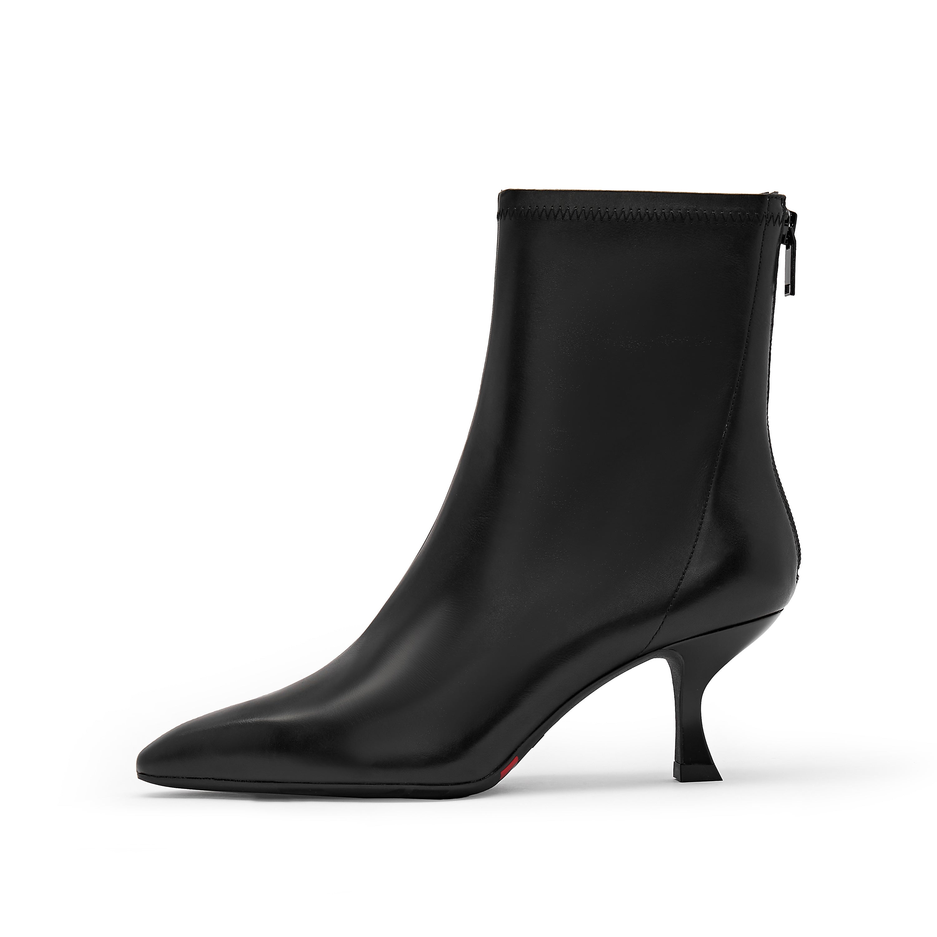 Black Waxy Pointy Heeled Ankle Boots