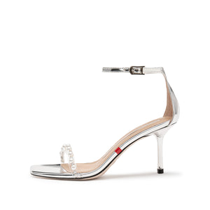 Silver Crystal-Pearl Ankle Strap Block Sandals