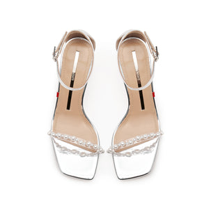 Silver Crystal-Pearl Ankle Strap Block Sandals