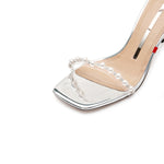 Load image into Gallery viewer, Silver Crystal-Pearl Ankle Strap Block Sandals
