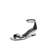 Silver Ankle Strap Block Heeled Sandals