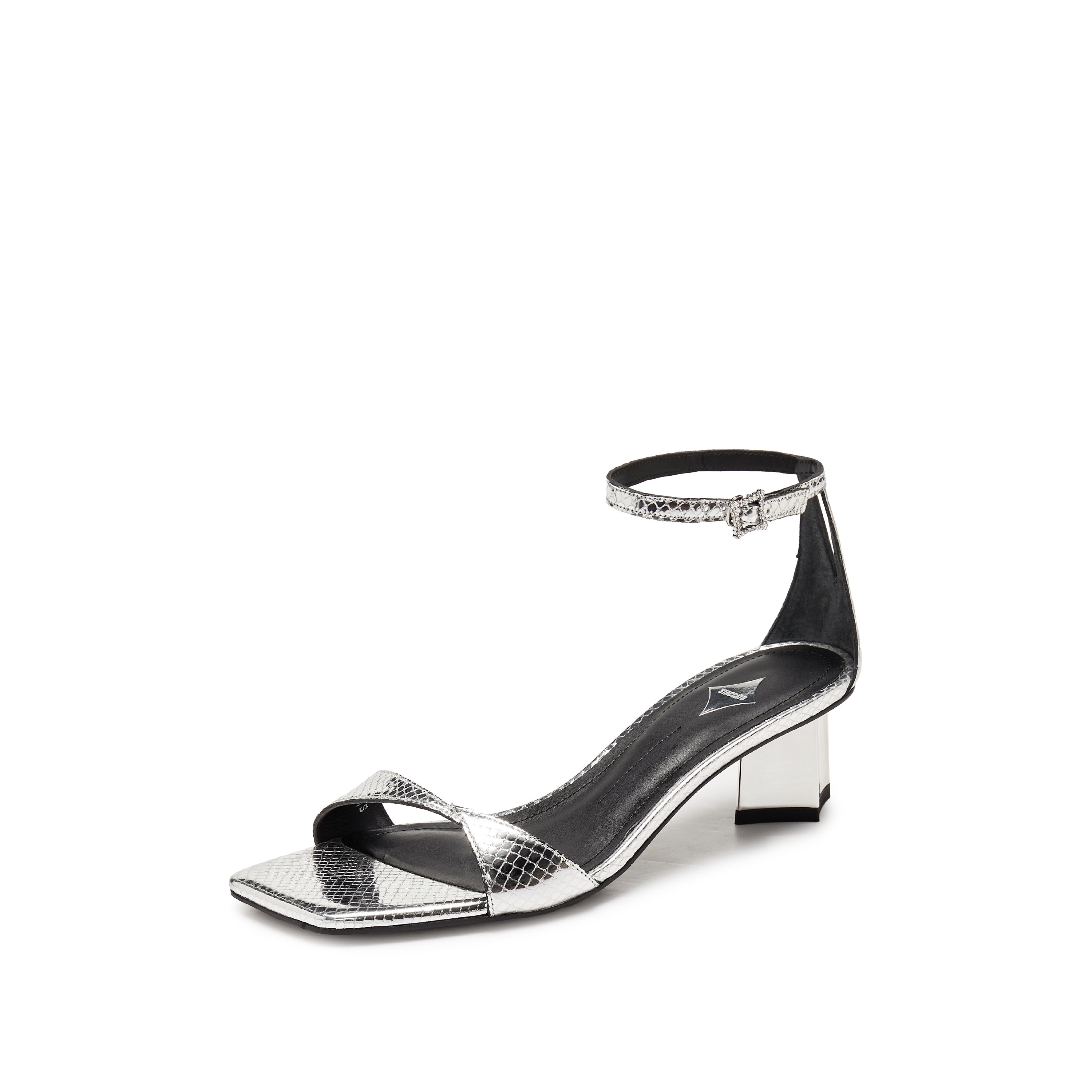 Silver Ankle Strap Block Heeled Sandals