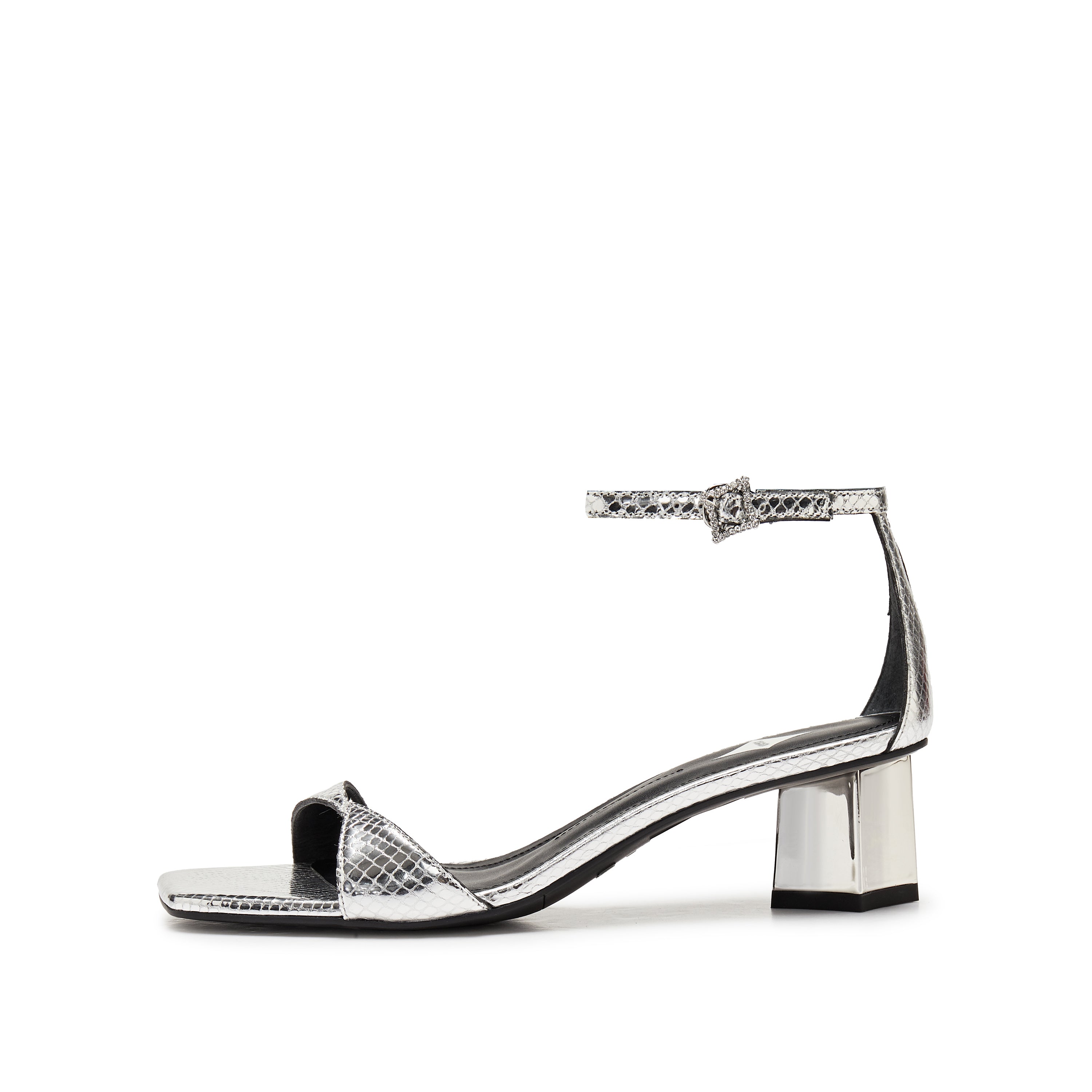 Silver Ankle Strap Block Heeled Sandals