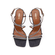 Denim Crystal Cross Strap Heeled Sandals
