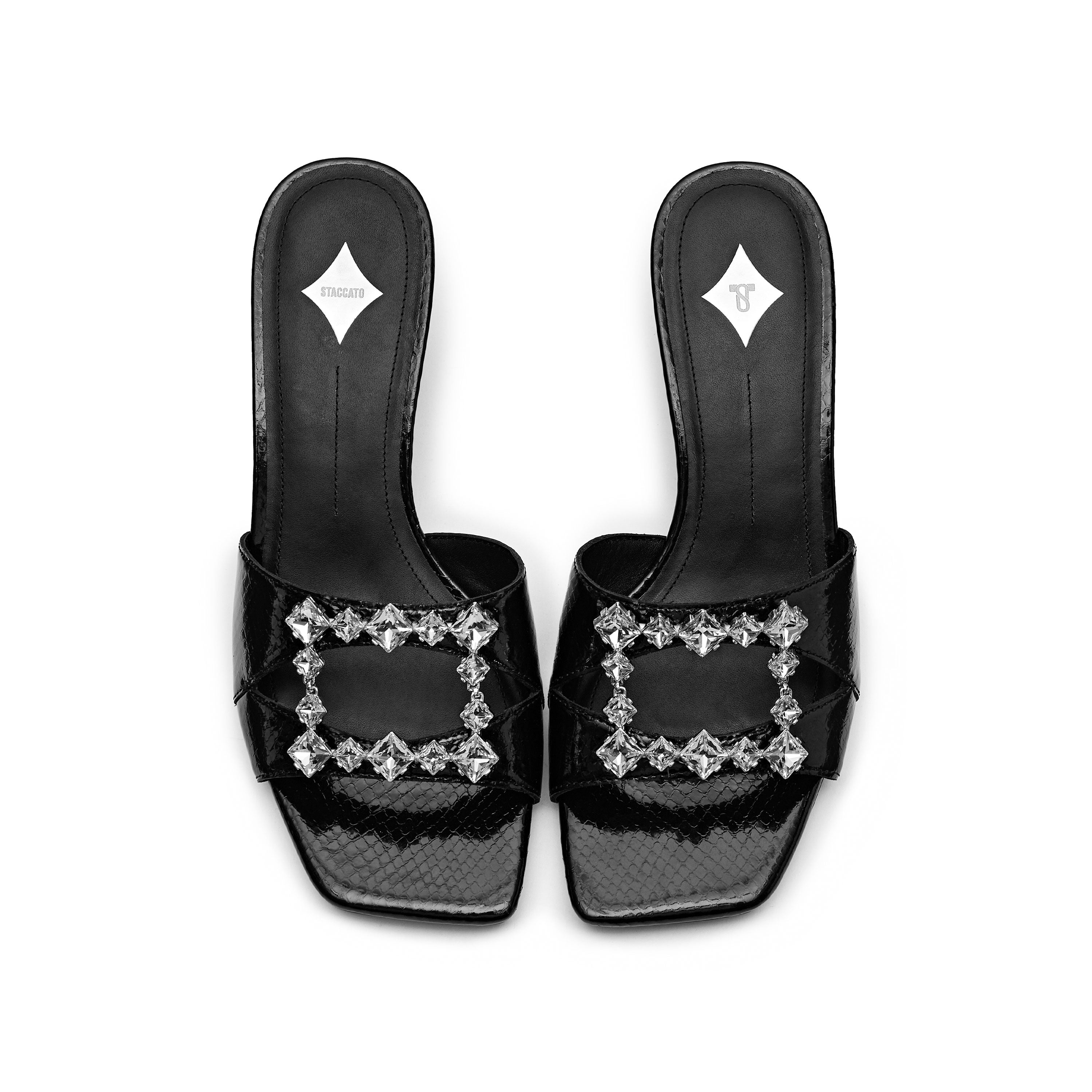 Black Crystal Buckle Heeled Sandals