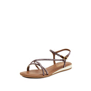 Brown Crystal Cross Strap Flat Sandals