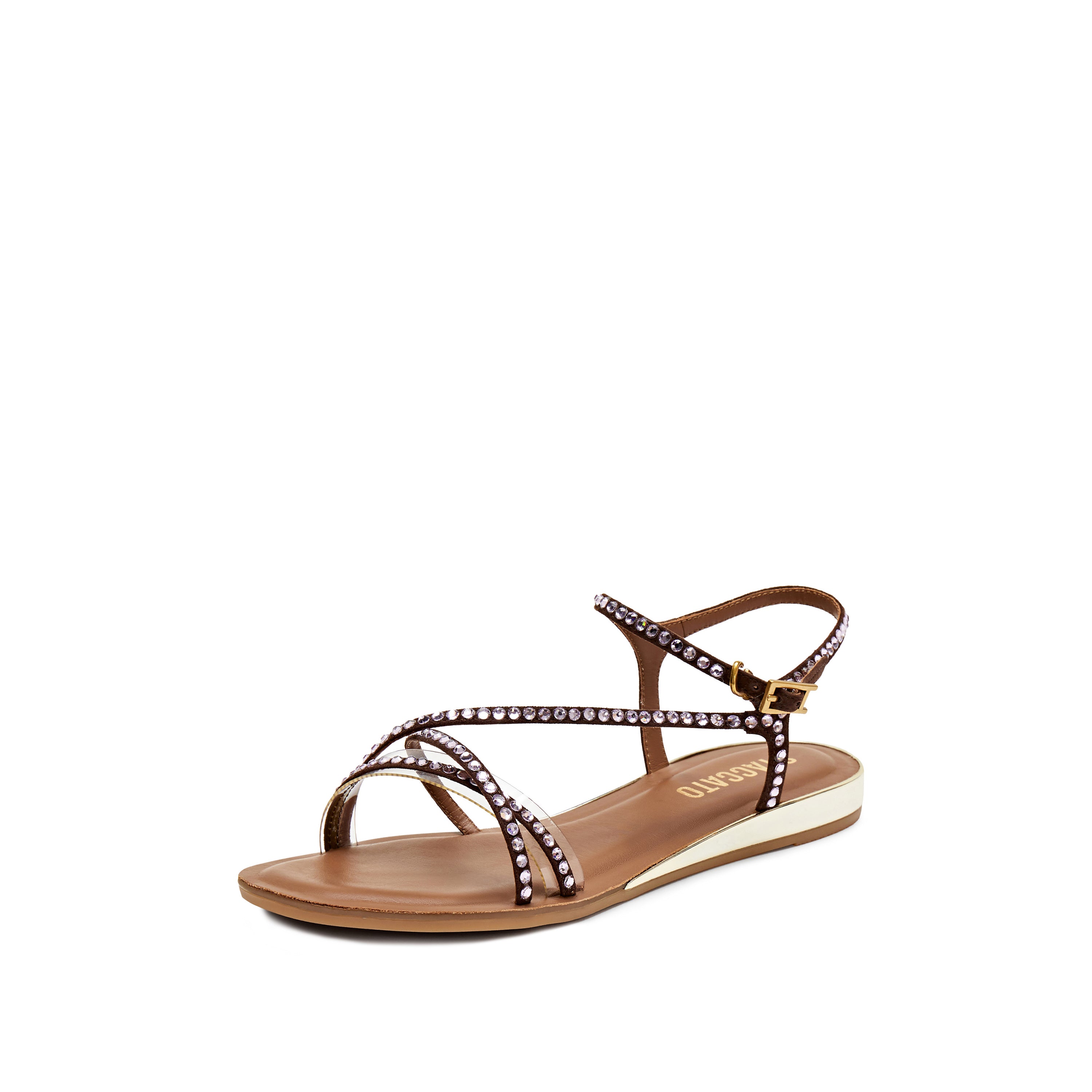 Brown Crystal Cross Strap Flat Sandals