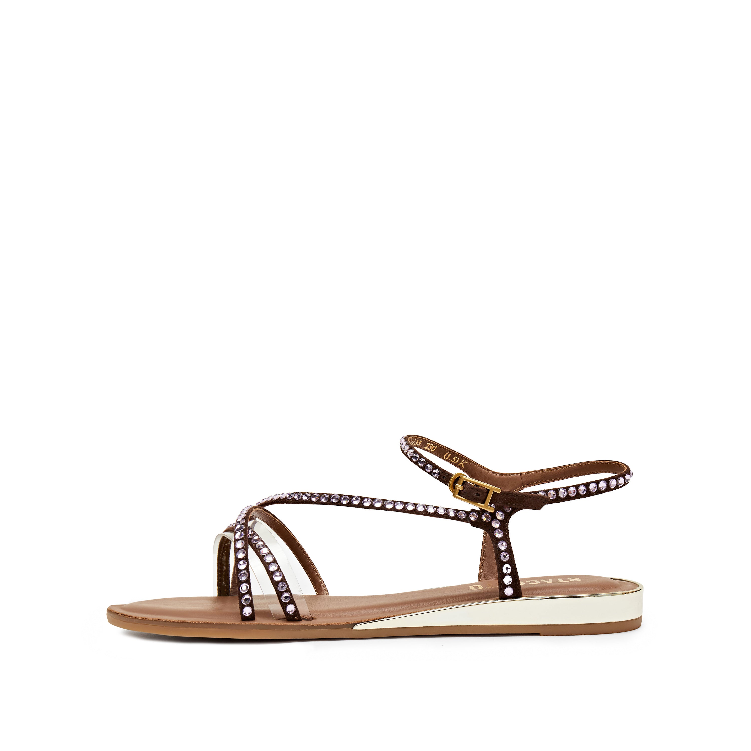 Brown Crystal Cross Strap Flat Sandals