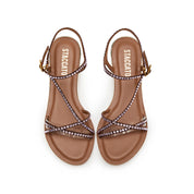 Brown Crystal Cross Strap Flat Sandals