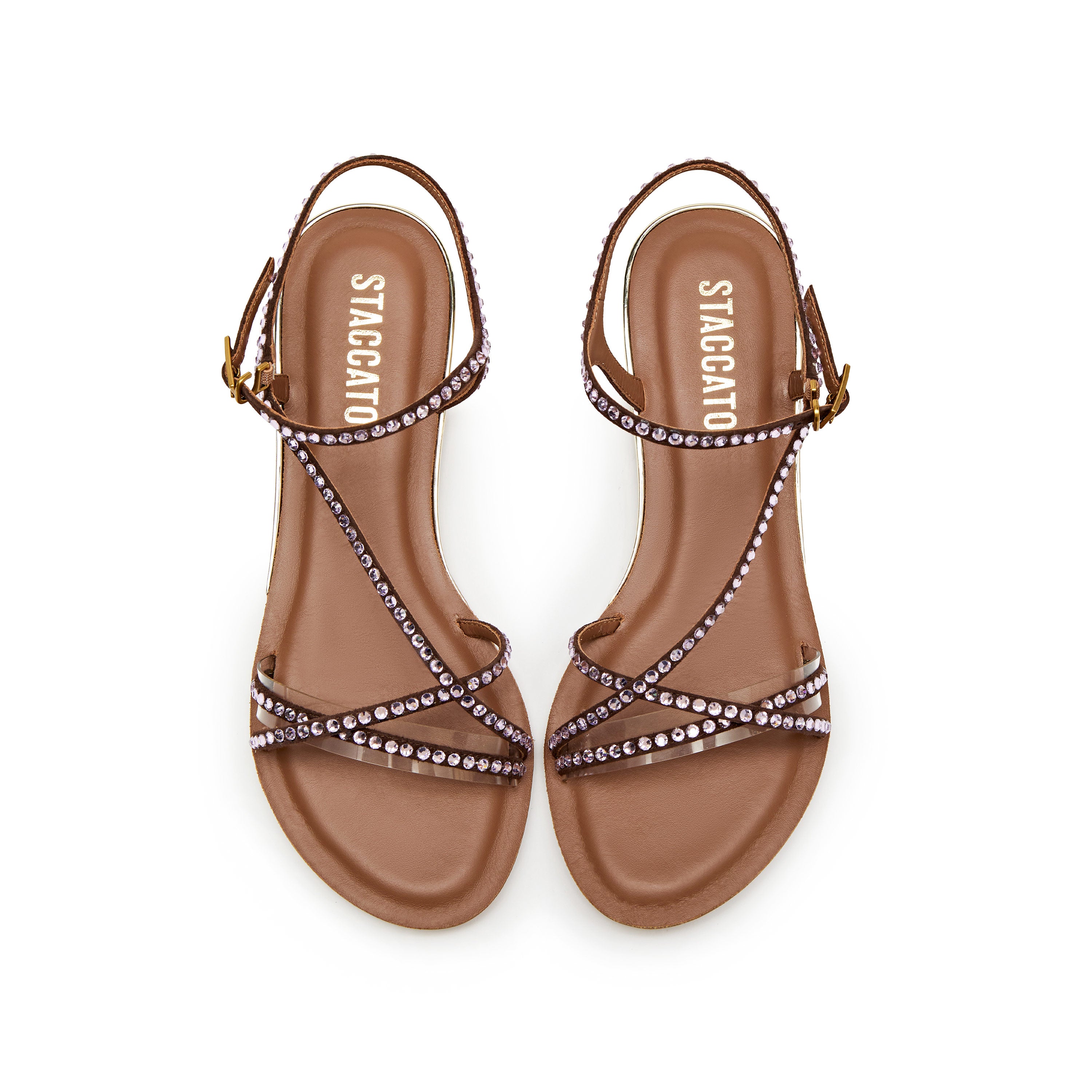 Brown Crystal Cross Strap Flat Sandals