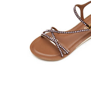 Brown Crystal Cross Strap Flat Sandals