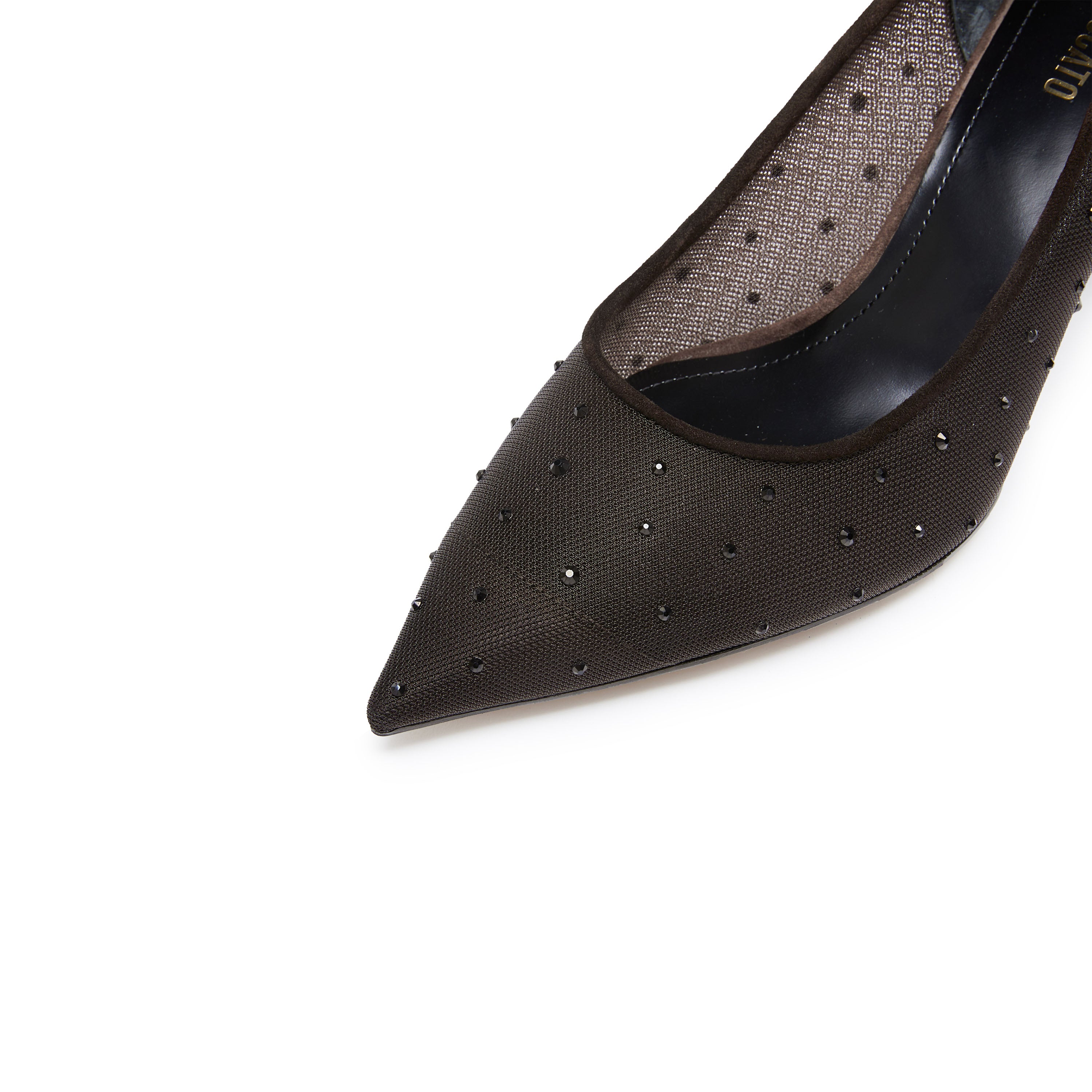 Dark Brown Mesh Crystal Pointy Pumps