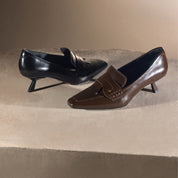 Brown Leather Pointy Penny Pumps
