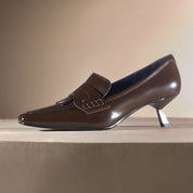 Brown Leather Pointy Penny Pumps