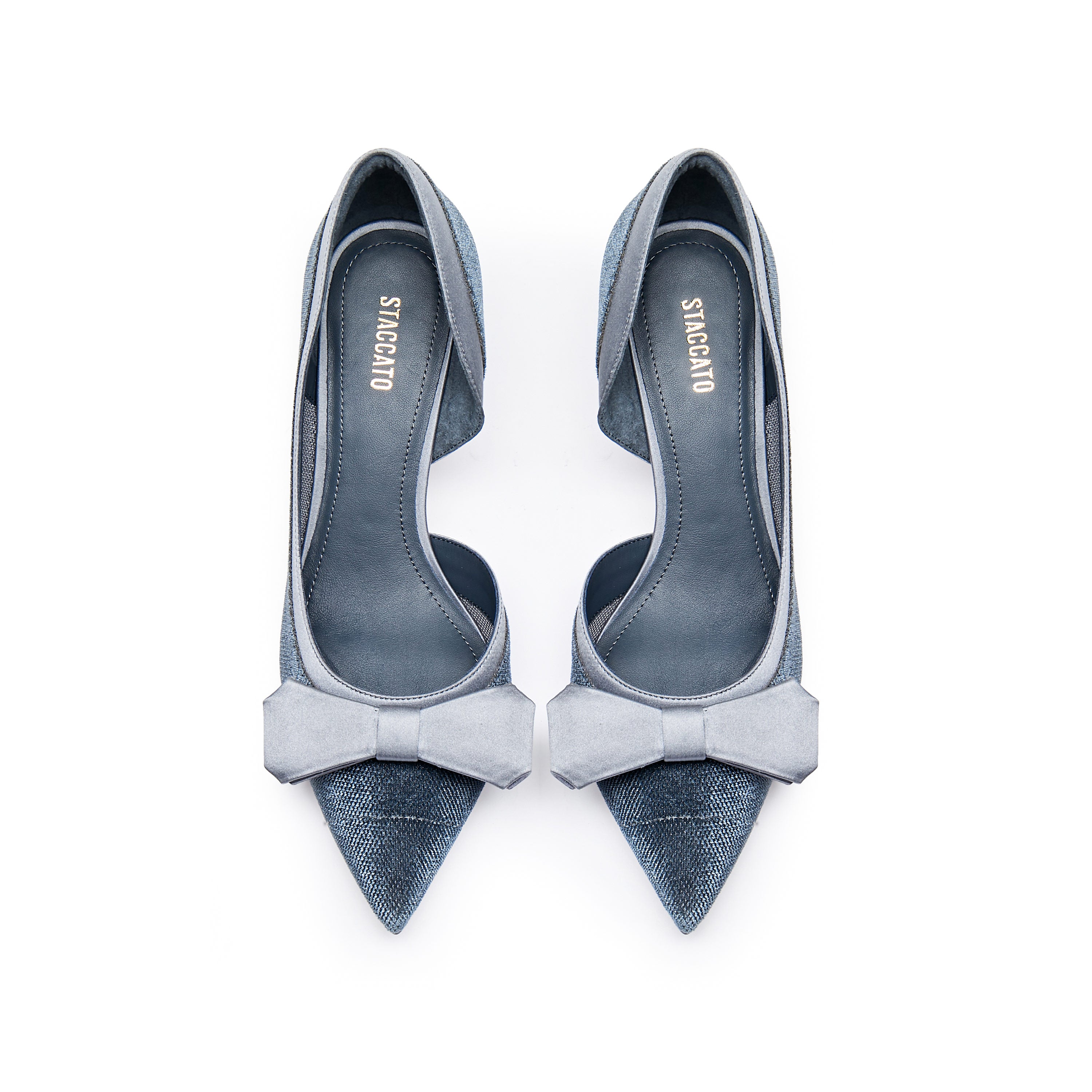Gray Blue Meshed Pointy Bow Pumps