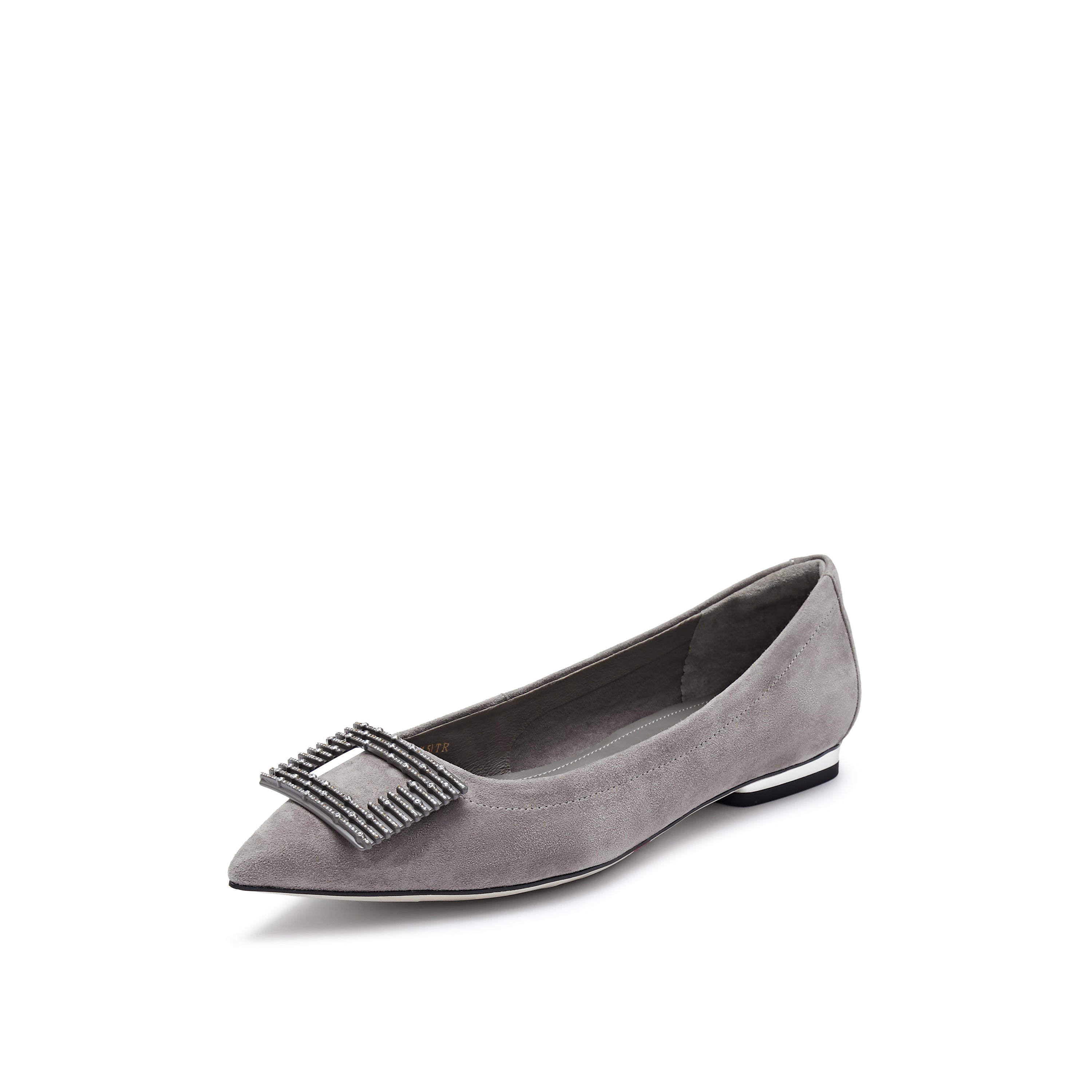 Grey Square Buckle Suede Pointy Flats