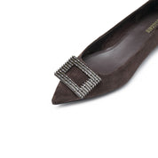 Brown Square Buckle Suede Pointy Flats