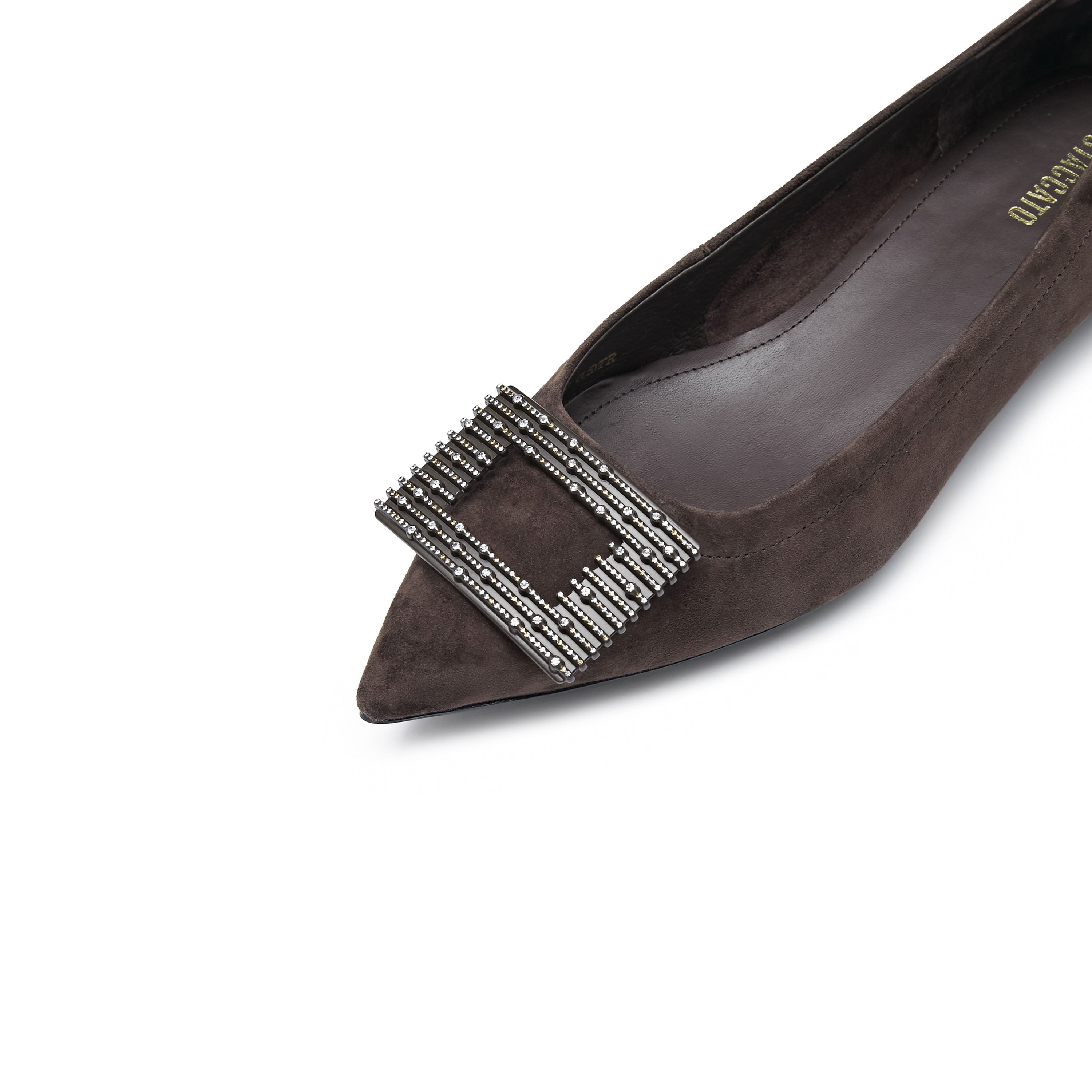 Brown Square Buckle Suede Pointy Flats