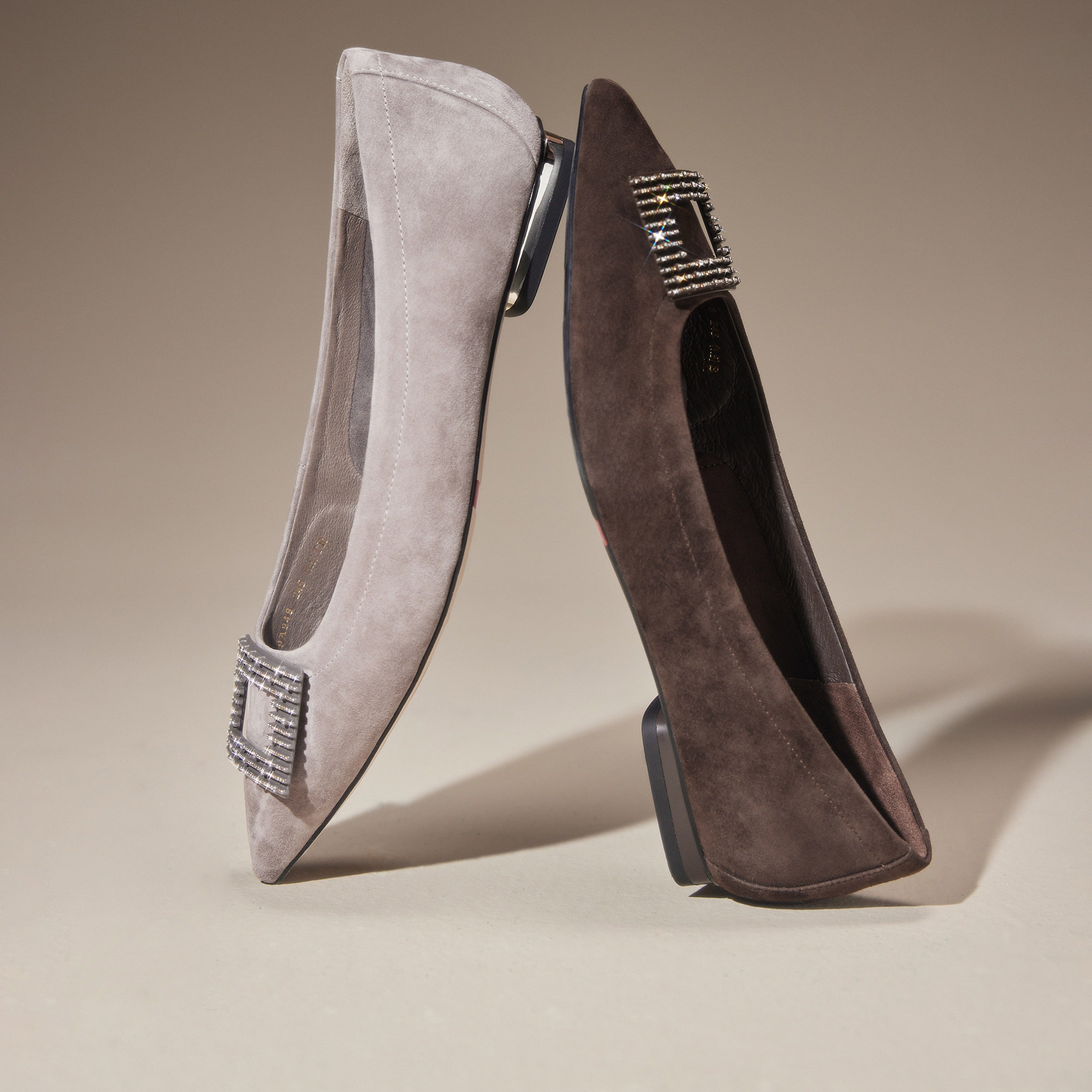 Brown Square Buckle Suede Pointy Flats