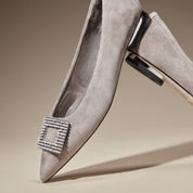 Brown Square Buckle Suede Pointy Flats