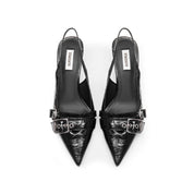 Black Pleated Leather Strap Slingback Pumps