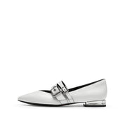 White Wrinkle Leather Strappy Pointy Flats
