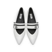White Wrinkle Leather Strappy Pointy Flats