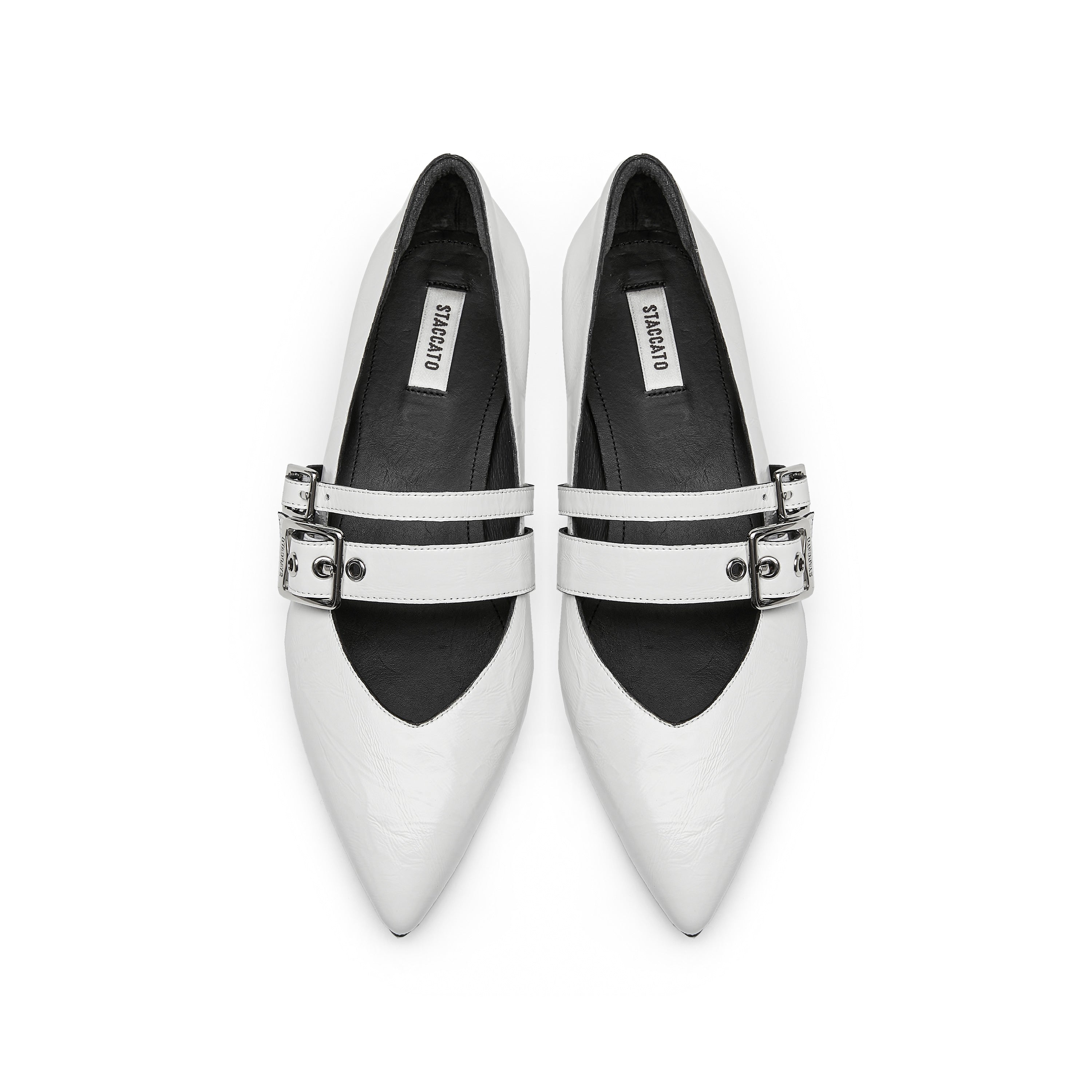 White Wrinkle Leather Strappy Pointy Flats