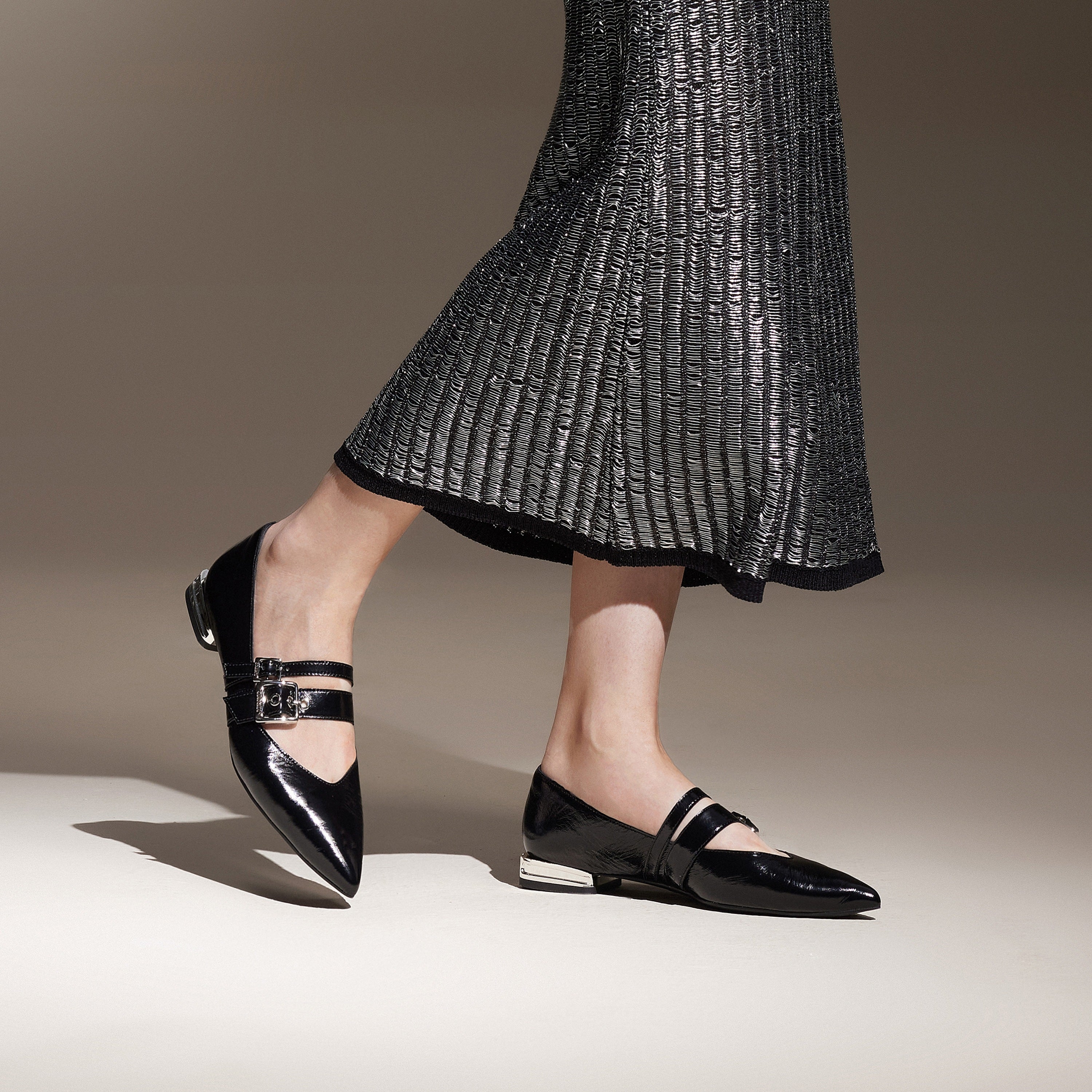 White Wrinkle Leather Strappy Pointy Flats