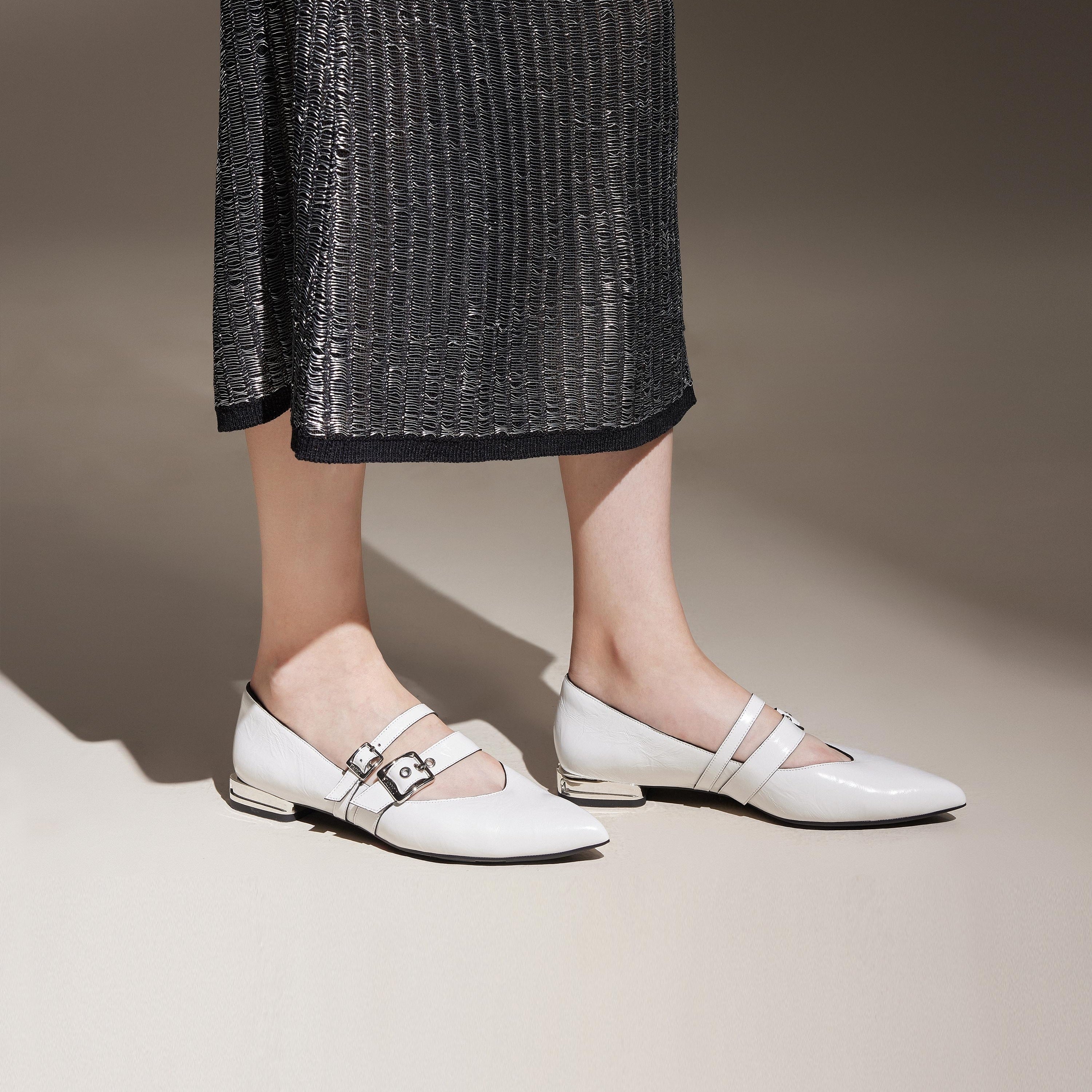 White Wrinkle Leather Strappy Pointy Flats