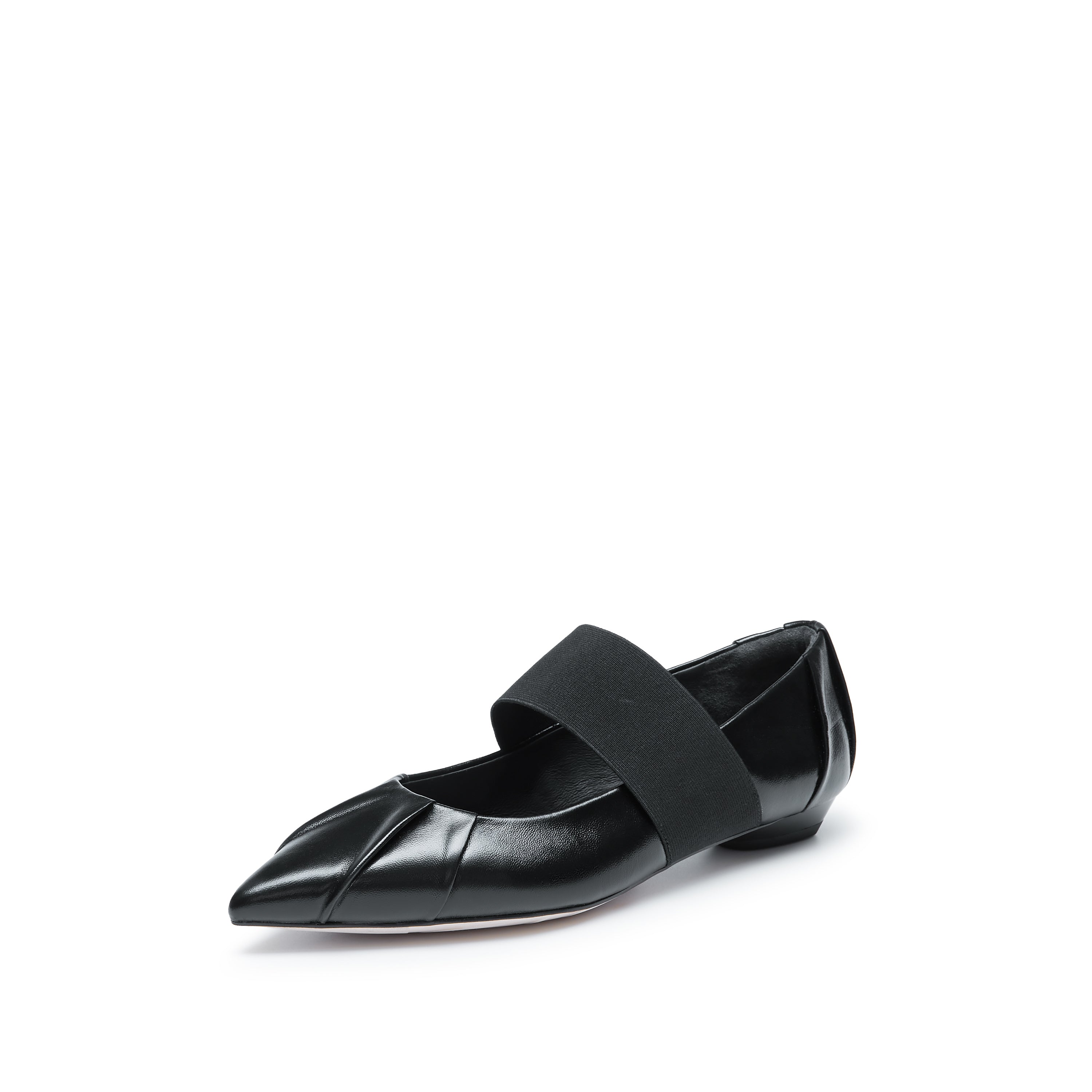 Black Pleated Leather Pointed Ballerina Flats
